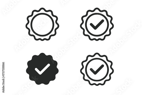 Set of quality guarantee icons. Certified seal, approved stamp, and premium choice badge collection. Vector checkmark symbol for warranty, verification, and best product award.