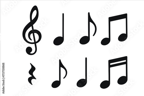 Set of musical notes vector icons. Black music note symbols. Treble clef, quarter rest, eighth note, sixteenth note. Melody notation elements. Classic audio sound design.