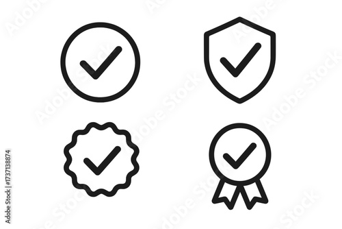 Approved icon set with check mark. Certified quality medal, guarantee seal, and protected security shield. Web defense and safety symbol collection. Vector line style UI signs.