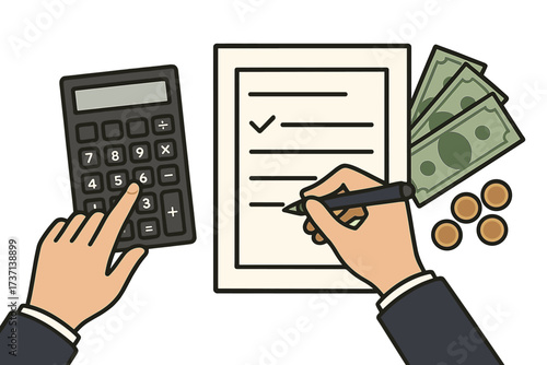 Financial calculations and budgeting concept vector illustration with calculator, checklist, money bills, coins, and hands performing accounting tasks on transparent background