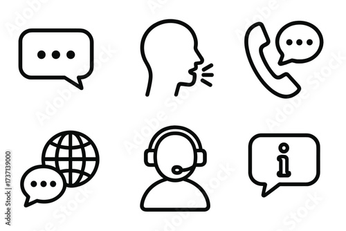 Speaking and communication web icon set in simple line style. Vector pack for chat, customer support, message, phone call, globe, and information collection. Contact us icons.