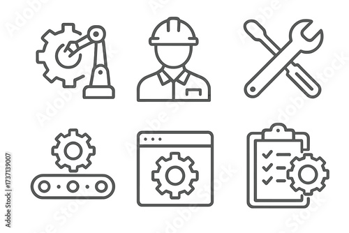Engineering line icon set. Manufacturing, industry, and production concepts. Includes robot arm, engineer, repair tools, conveyor belt, settings, and project management. Vector.