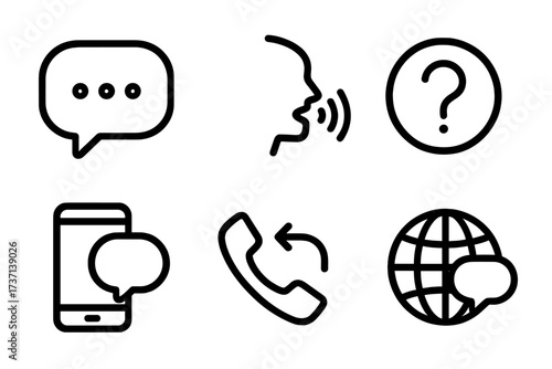 Communication line icon set. Contact us and customer support symbols. Chat bubble, voice command, question mark, mobile message, callback phone, and global internet talk icons.