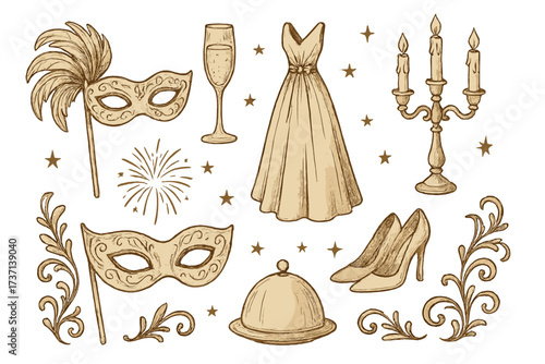 Vintage masquerade ball icon set. Hand drawn vector collection with mask, dress, champagne for carnival party. Elegant retro cartoon illustration for festive design.