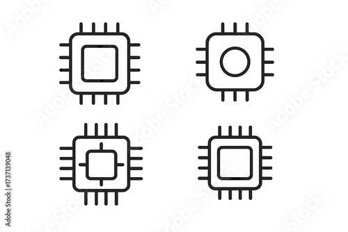 Set of Minimalistic Line Icons of Computer Chips and Microprocessors, Editable Stroke Vector Pictograms for Technology Apps, UI Design, Banners, and Digital Illustrations