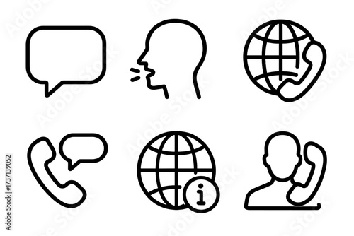 Vector communication icon set in line style. Chat, speech bubble, talking person, global phone call, contact us, customer support, information point vector web icons.