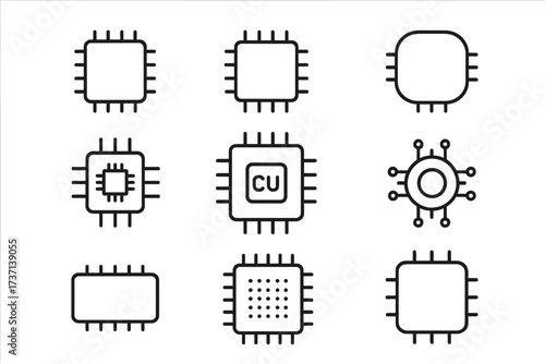 Set of minimalistic linear chip icons, editable stroke vector, technology circuit microchip designs, electronic processor pictograms for apps, banners, and UI graphics