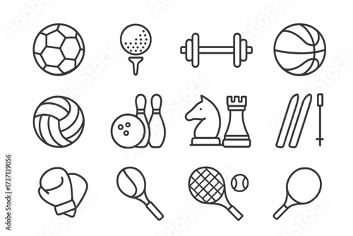 Sport icons collection in thin line style. Football, basketball, volleyball, tennis, golf, gym, bowling, chess, skiing, boxing. Vector pictogram set for web design and apps.