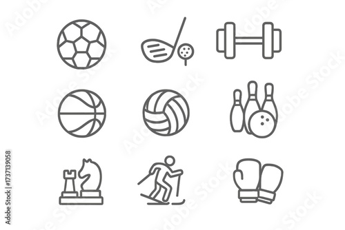 Sport icons set in thin line style. Collection of simple pictograms for web and app. Football, golf, gym, basketball, volleyball, bowling, chess, skiing, boxing vector signs.