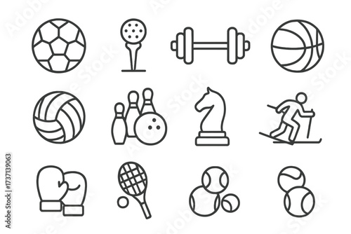 Sport icons set in thin line style. Vector collection of outline symbols for web and mobile. Football, golf, gym, basketball, volleyball, bowling, chess, ski, boxing, tennis.