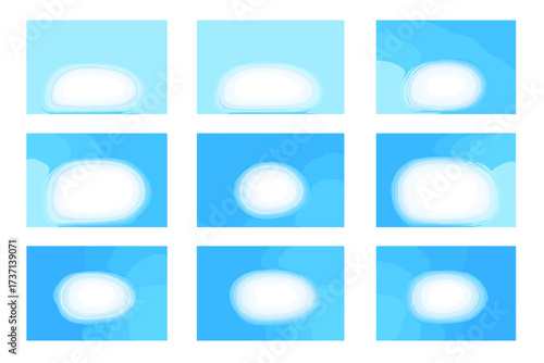 Soft white cloud shapes set on clear blue sky background, blurred cloud illustrations collection, fluffy dreamy weather elements, abstract sky vector art bundle