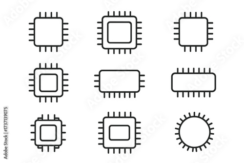 Set of minimalistic linear chip icons, editable stroke vector design, computer processor microchip symbols, electronic hardware pictograms for app UI, cards, banners, posts