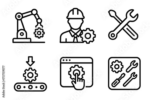 Engineering and manufacturing line icons. Thin line vector icon set for industry, production, automation. Includes robotic arm, engineer, tools, conveyor belt, and settings.