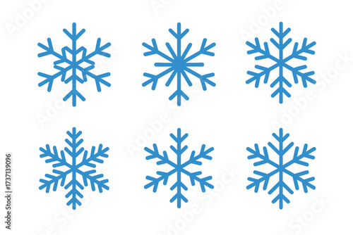 Vector illustration of blue snowflake icons set, transparent background, winter season symbols, six unique snow crystal designs, geometric cold weather elements