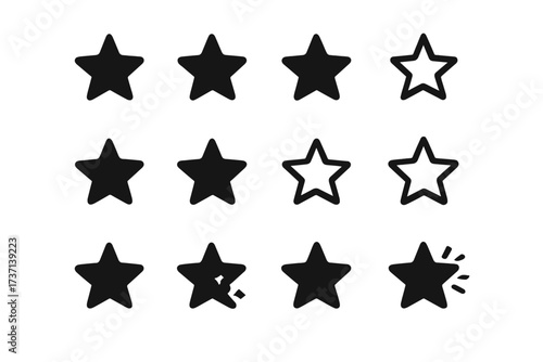 Rating star vector icon set. Black stars collection for customer review and feedback. Simple modern symbols for quality, success, favorite, and achievement concepts for UI/UX.
