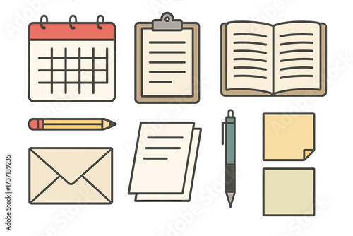 Office and school supplies vector illustration set with calendar, clipboard, open book, pencil, envelope, paper sheets, pen, and sticky notes with transparent background