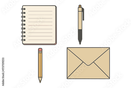 Office stationery vector illustration set with transparent background, includes notebook, pen, pencil, and envelope, minimalistic design for business and school supplies, vector collection