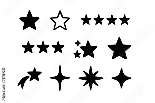 Stars set of black icons. Rating star vector collection. Modern simple stars for quality and review. Customer feedback symbol. Sparkle, twinkle and falling star shapes.