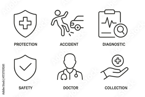 Health insurance vector line icon set. Medical care, safety, life protection concept. Icons for life insurance, doctor, car accident, diagnostic, emergency, healthcare, support.