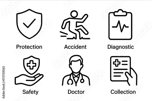 Health insurance and medical care line icon set. Concepts of protection, safety, accident coverage, medical diagnostics, doctor consultation, and healthcare records.