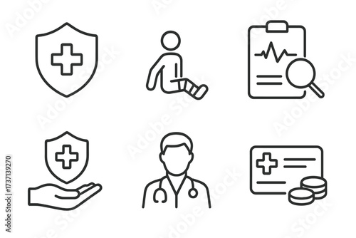 Health insurance web icons. Medical care protection. Line style vector set. Safety, accident, diagnostic, doctor, payment. Health card. Patient injury. Clinic, hospital.
