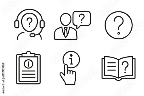 Help and support line icons set. Customer service, FAQ, info center symbols. Vector pictogram collection for website and mobile app UI UX design. Question mark signs.
