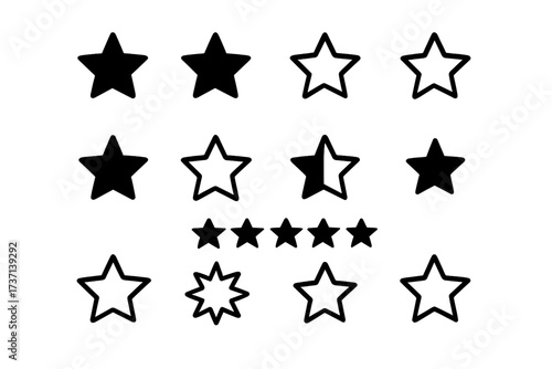 Stars set of black icons. Rating star vector collection. Review symbol for customer feedback. Five stars quality rank sign. Favorite shape. Modern simple award pictogram.