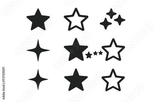 Stars vector icon set. Black simple modern shapes collection for rating, review, and quality. Sparkle, twinkle, and favorite symbols. Isolated graphic elements for design.