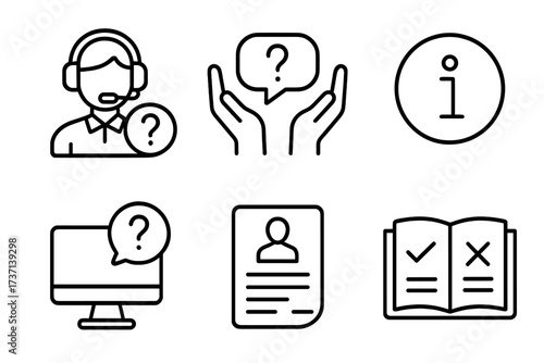 Help and support icon set in thin line style. Vector collection of web icons for customer service, assistant, call center, FAQ, online help, info center and instruction guide.
