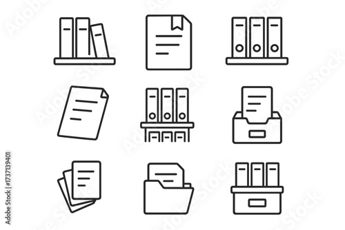 Shelved Documents Outline Icon Set, Editable Stroke Vector Collection with Files, Folders, and Paper Sheets for Infographics, Articles, Books, Flyers, and Banners