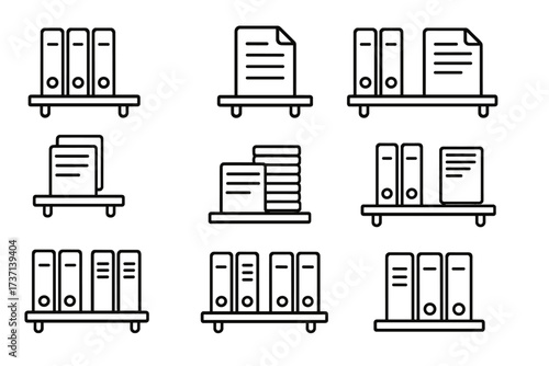 Shelved Documents Outline Icon Collection, Editable Stroke Line Art Vector, Office Files and Paperwork on Shelves, Perfect for Business Infographics, Articles, Flyers, and Banners