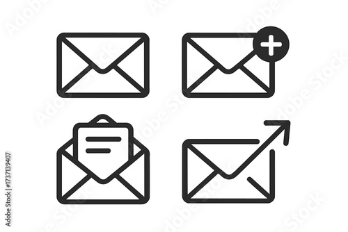 Vector email envelope icon set with transparent background, including new message, opened mail with letter, and outgoing mail arrow, minimalist line illustration design