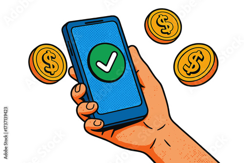 Y2K style halftone hand holding smartphone with floating 3D gold coins, successful online payment concept, digital finance, money saving, financial planning, earn and pay metaphor