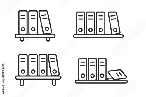 Shelved Document Binders Collection. Editable Stroke Line Art Vector Illustration with Office Files on Shelves Perfect for Infographics, Articles, Books, Flyers, Banners, Organization Concepts