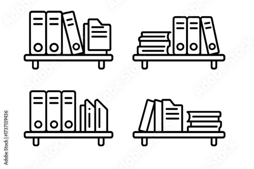 Shelved documents and folders collection, editable stroke vector icons, perfect for infographics, articles, books, flyers, banners, office and study illustration set
