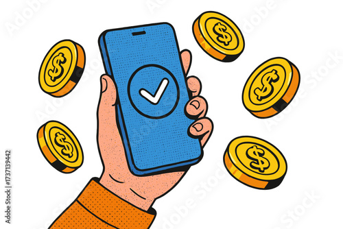 Successful online payment concept with hand holding smartphone and floating 3D gold coins, financial planning, money saving, digital transaction, earning and paying metaphor
