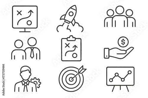Set of thin line icons for business strategy. Includes startup rocket, teamwork, planning, investment, management, target, employee, and data analysis chart for infographics.