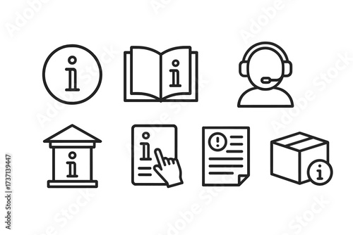 Information and support icon set in thin line style. Vector collection for web and app design. Includes manual, online help, info center, instructions, rules and customer service.