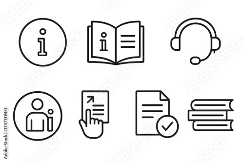 Information and user guide line icon set. Manual, online help, info center, instructions, and rules symbols. Vector collection for website UI and customer support service.