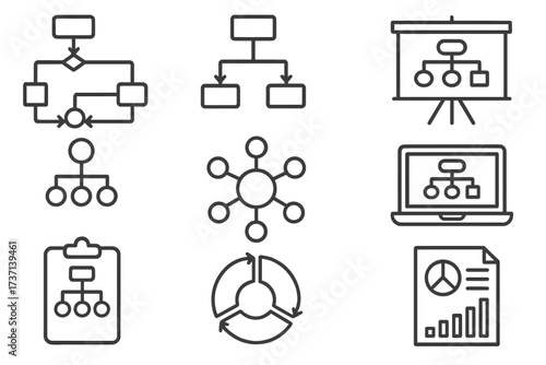 Shelved documents and organizational icons collection, editable stroke vector set for infographics, articles, books, flyers, banners, cartoon style transparent background