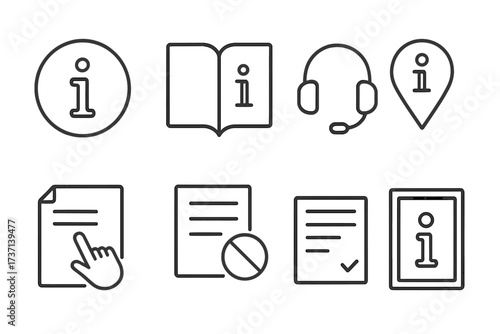Information icon set in line style. Web and app symbols collection. Info, manual, online help, customer support, instruction, rules, guide, faq, location. Vector icons.