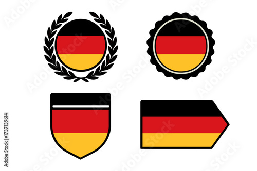 Set of Made in Germany badges. Collection of premium quality labels, seals, and emblems with the German flag. Vector icons for products. National symbol, laurel wreath, shield.