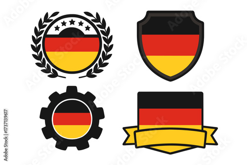 Made in Germany vector badge and emblem set. Collection of German flag labels, stickers, and icons for quality products. Industrial manufacturing and national symbol illustration.