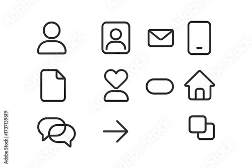 User interface thin line icon set. UI UX web and mobile app pictograms. Vector symbols collection including user, profile, message, document, file, heart, home, chat, arrow, copy.