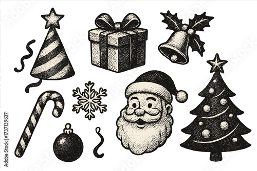 Vintage halftone Christmas dotted overlay elements set, retro holiday party icons, Santa Claus, gifts, Christmas tree, candy cane, bell, snowflake, festive decoration, New Year vector collection