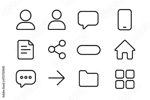 Web line icons set. UI UX kit for mobile app and website design. User profile, chat, home, share button, document file and folder outline symbols. Vector interface elements.