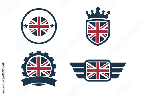 Made in United Kingdom vector logo set. British product emblems with Union Jack flag. Collection of labels with royal crown shield, industrial gear & quality symbols.