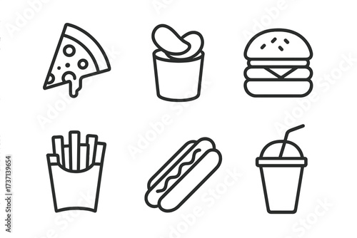 Fast food line icon set vector collection. Includes pizza, burger, hot dog, french fries, chips and soda drink. Outline graphic elements for menu, web, app, delivery service.