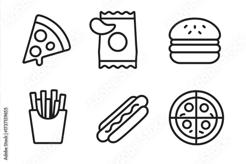 Fast food line icon set. Minimalist outline symbols for web design. Includes pizza slice, burger, hot dog, potato chips, and french fries. Junk food vector graphics collection.