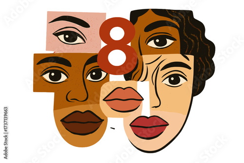 International Women's Day March 8 collage. Contemporary abstract art of diverse female faces. Concept for sisterhood, allyship, gender equality, multicultural empowerment, feminism.